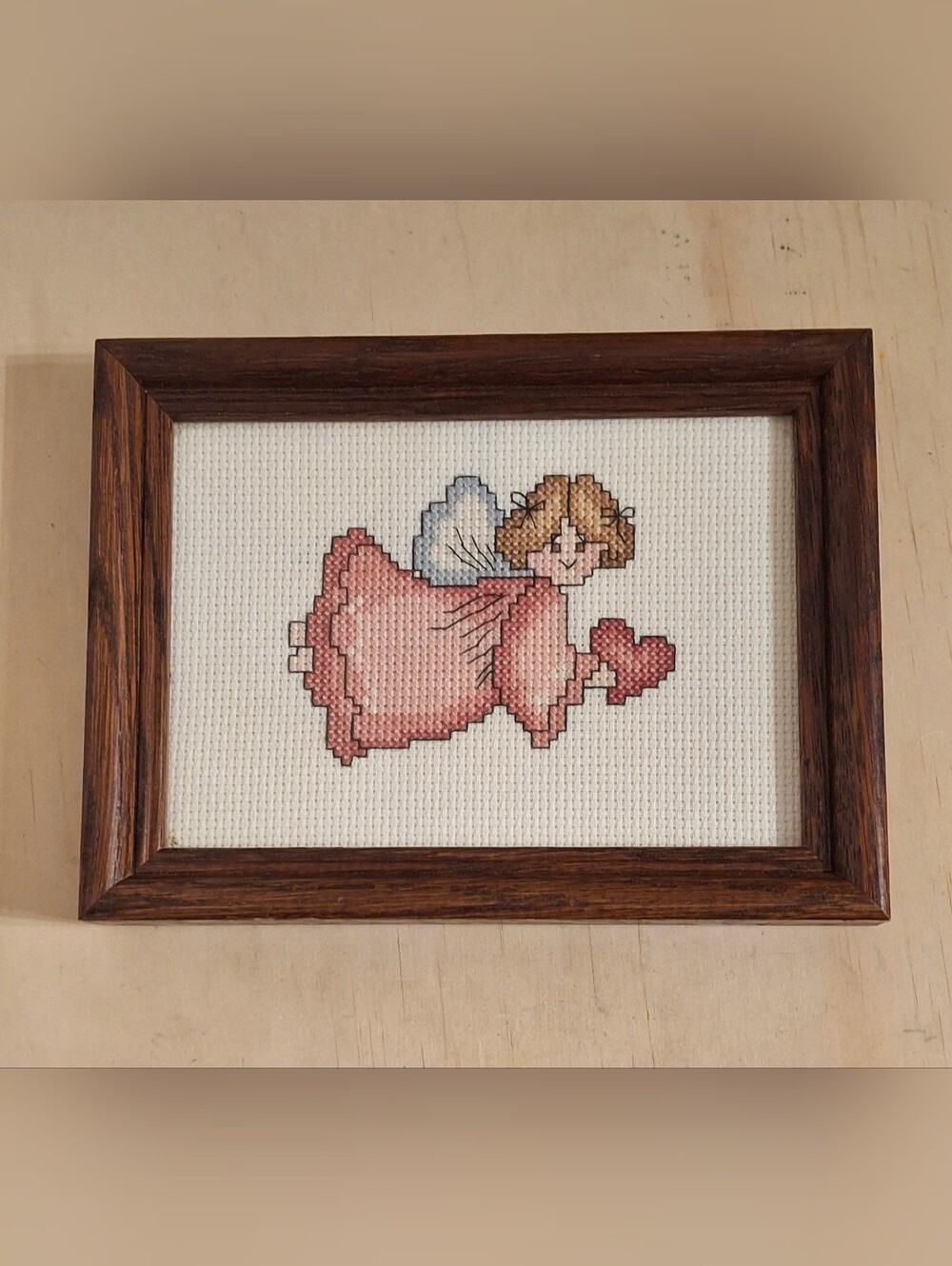 Pink Angel Cross-Stitch Wall Hanging - Framed Handmade Home Art